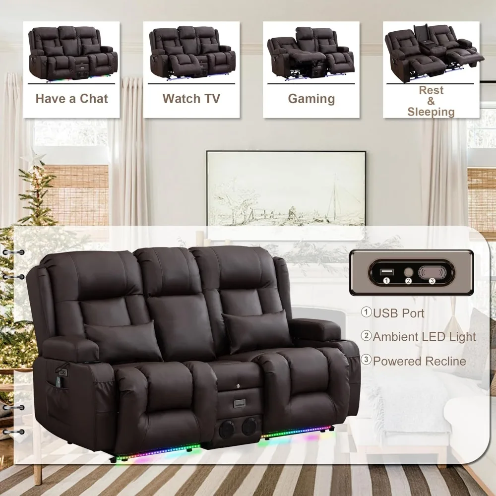 Power Loveseat Recliner Sofa with Massage & Heat Home Theater Seating with Console Electric Recliner RV Sofa with USB/Outlet/St