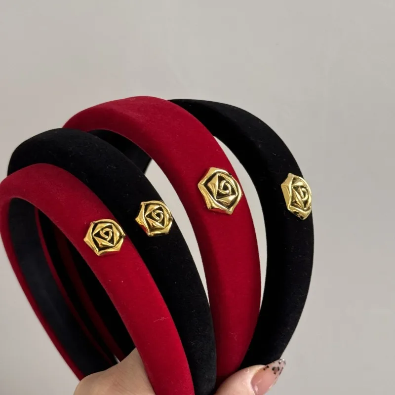 Golden rose French red velvet headband festive retro light luxury high-end niche design headband hair accessories