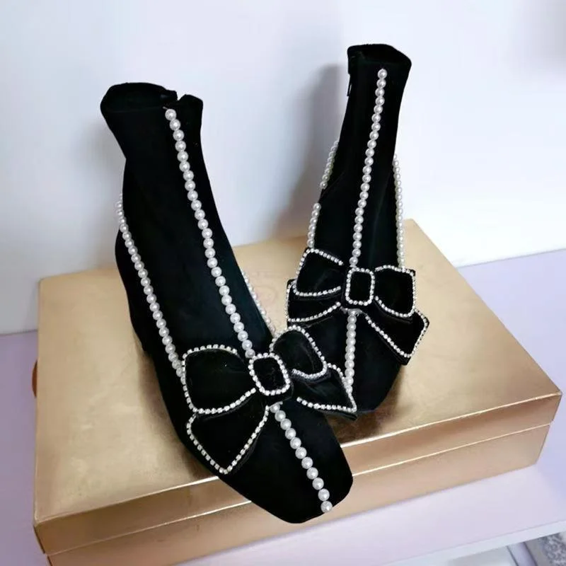 Square head beaded rhinestone accessories Banquet Party heel boots Handmade black velvet women's single boots 35-40