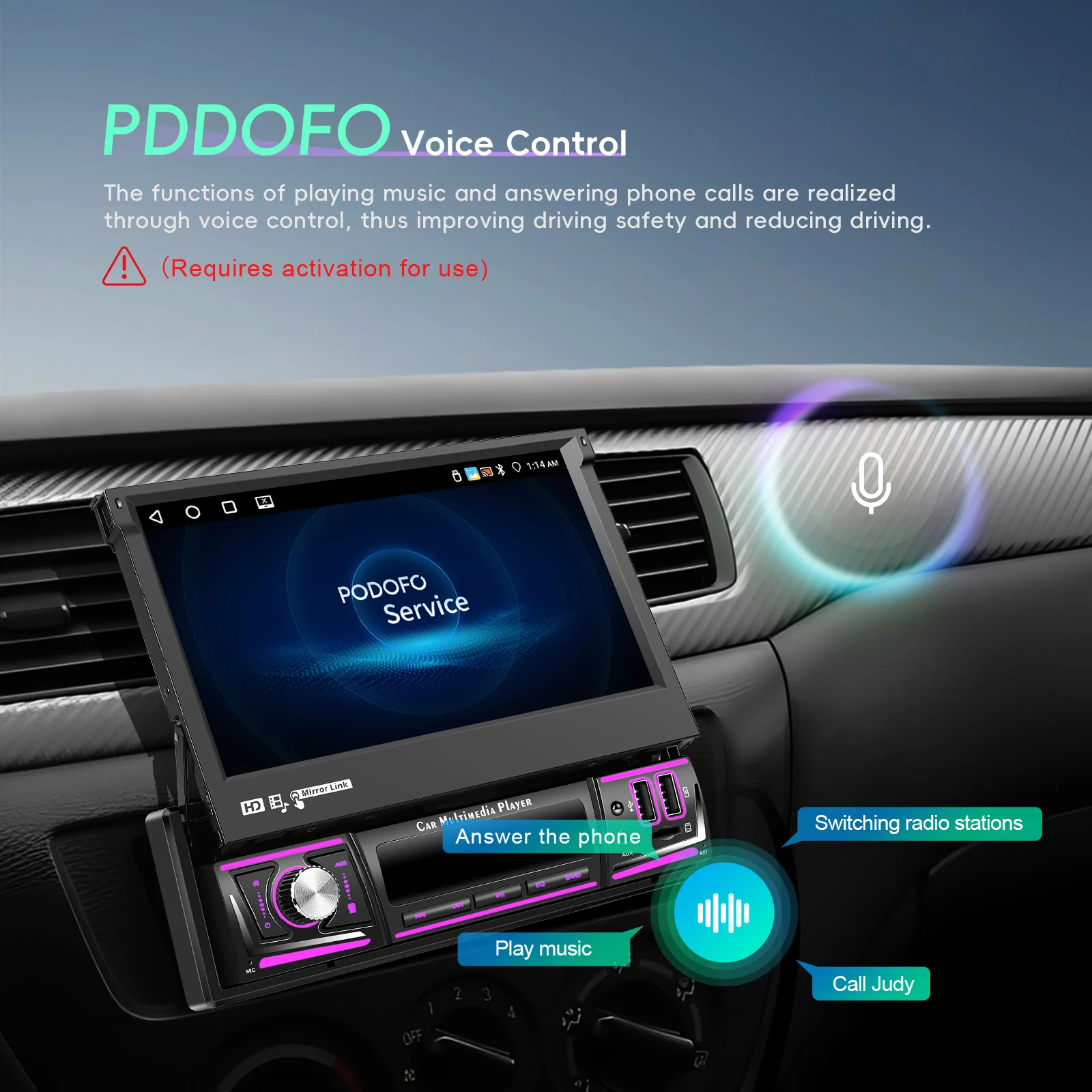 Podofo 7 ''1DIN IPS شاشة تعمل باللمس 4 + 64G Android15 Car Tereo Wireless Carplay GPS Navi Wifi FM RDS بلوتوث USB الوسائط المتعددة #6