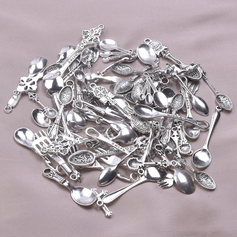 Vintage Tableware Spoon Charms Alloy Pendant For Necklace Jewelry Making Keychain Mix Antique Silver Color DIY Bulk Materials