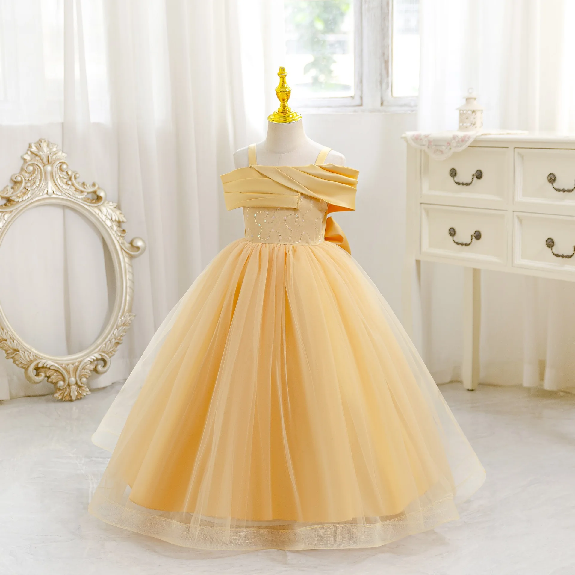 HETISO Girls Ruffled Tulle Wedding Dress Sleeveless Sequined Long Ball Gown For Birthday Party Evening 4-12 Years
