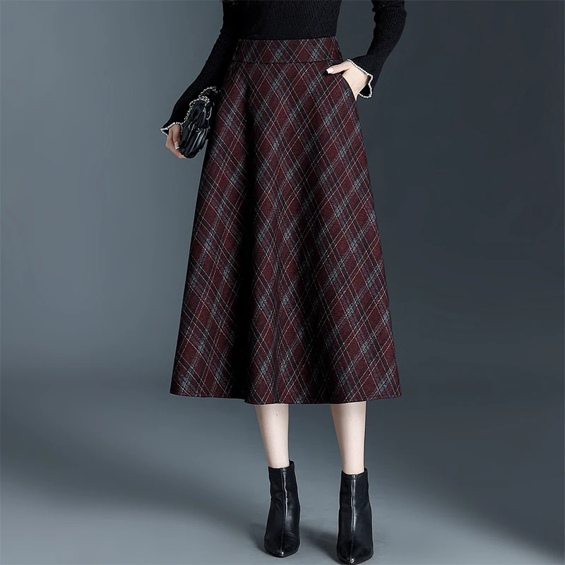

Red Plaid Woolen High Waist Slimming Midi A-Line Skirt Women's Faion Autumn Winter New Sle Retro Sle kets Daily Wear