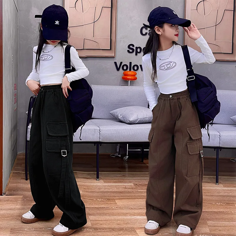 

Girls Cargo Pants for Autumn Casual Loose Teenage Children Trousers Fashion All-match Elastic Waist Big Pockets Kids Sport Pants