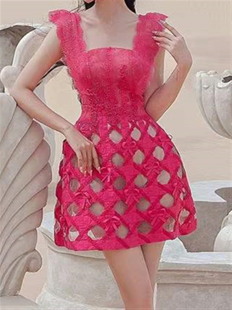 

Runway Boho Party Vintage Solid Pink Dress Embroidery Sundress Women Beach Sexy Sleeveless Lace Summer Backless Woman Dresses