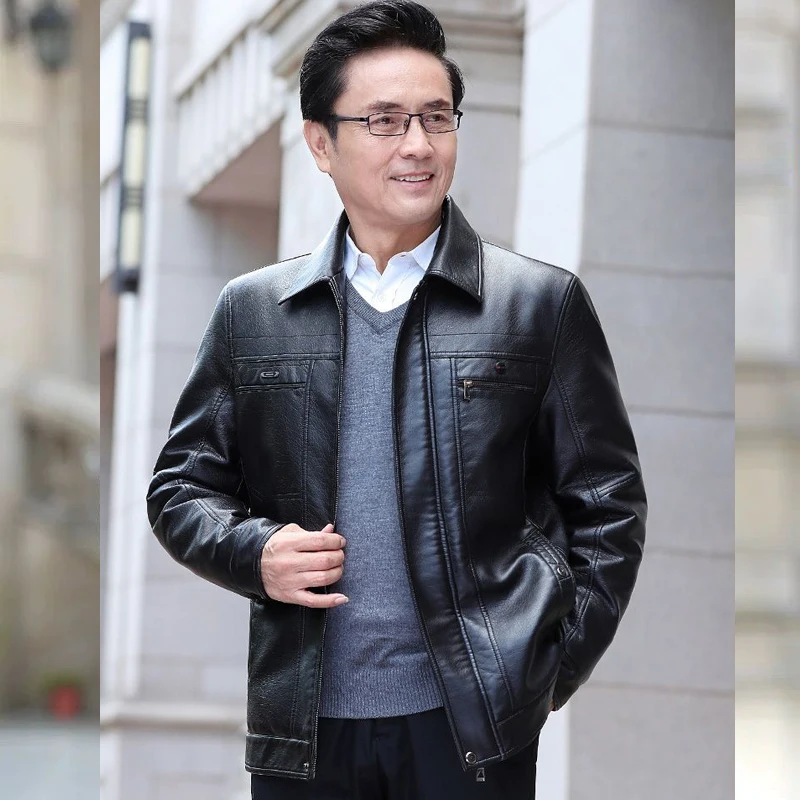 Natural Leather Jacket For Men Fur Thick Loose Plus Velvet Winter Black Leather Coats Male Sheepskin Coat Man With Fur Collar