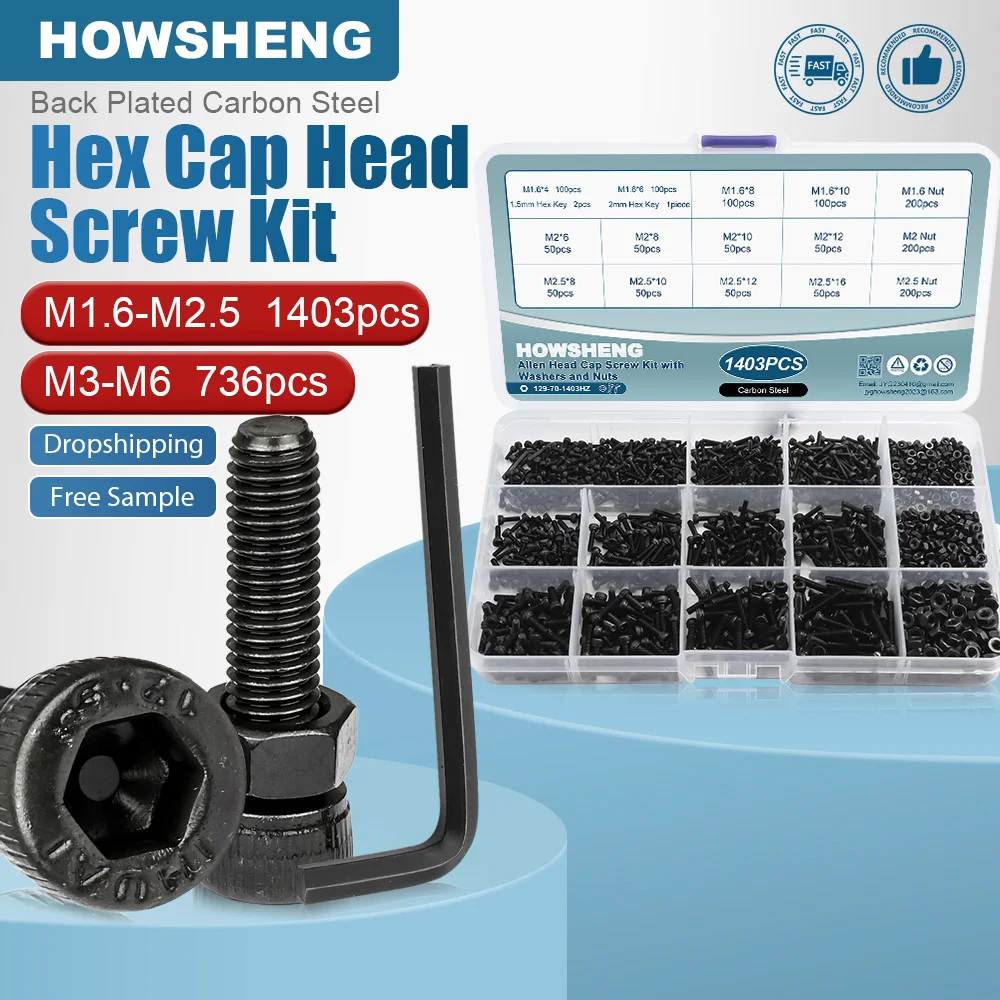 Aço Carbono Allen Parafuso Porca Variedade Kit Set, Hexágono, Hex, Soquete, Cap, Cabeça Parafuso Set, Grau 12.9, M1.6, M2, M4, M5, M6, 1403, 736Pcs