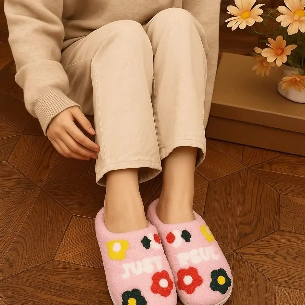 

Ветрозащитные мягкие хлопковые тапочки с цветами, Нескользящие утолщенные зимние теплые тапочки, TPR, теплая домашняя хлопковая обувь для пары