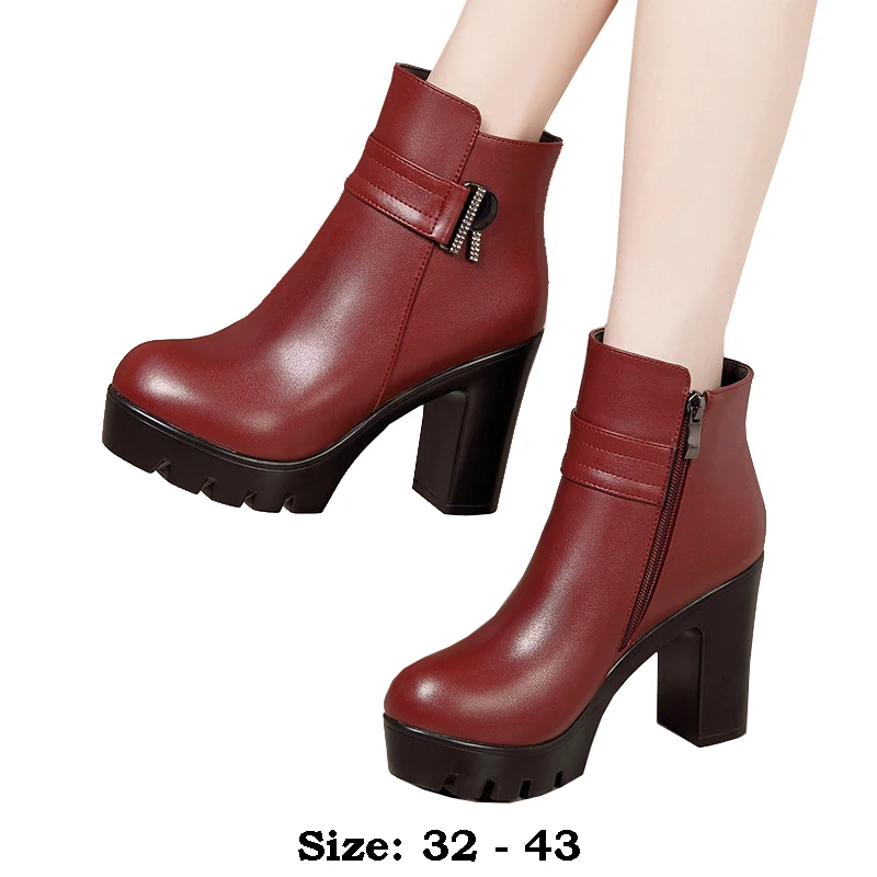 

High quality short ankle leather boots for women 10cm high heel platform new 2024 autumn winter 32 33 43 fashion shoe black red