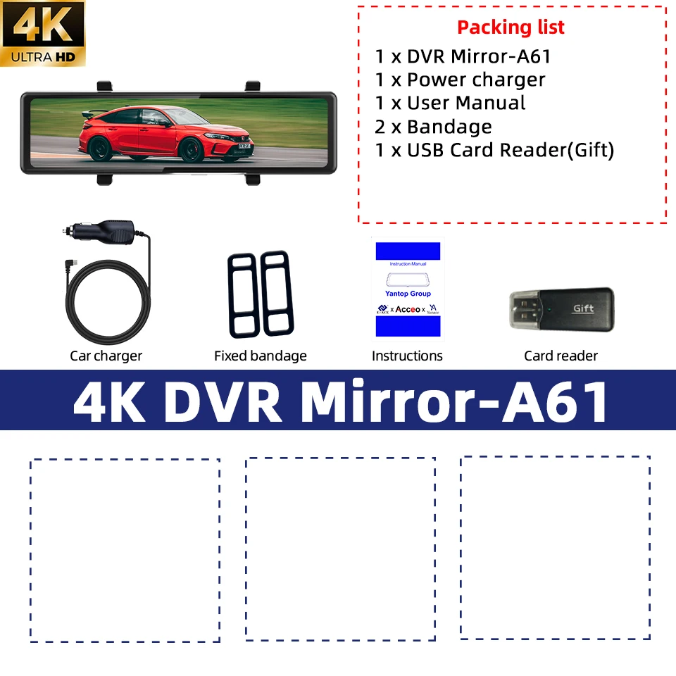 E-ACE 4K Dashcam Mirror 12 Inch Car Video Recorder Support 2.5K Waterproof Rear Camera ADAS WIFI GPS Black Box Dash Cam