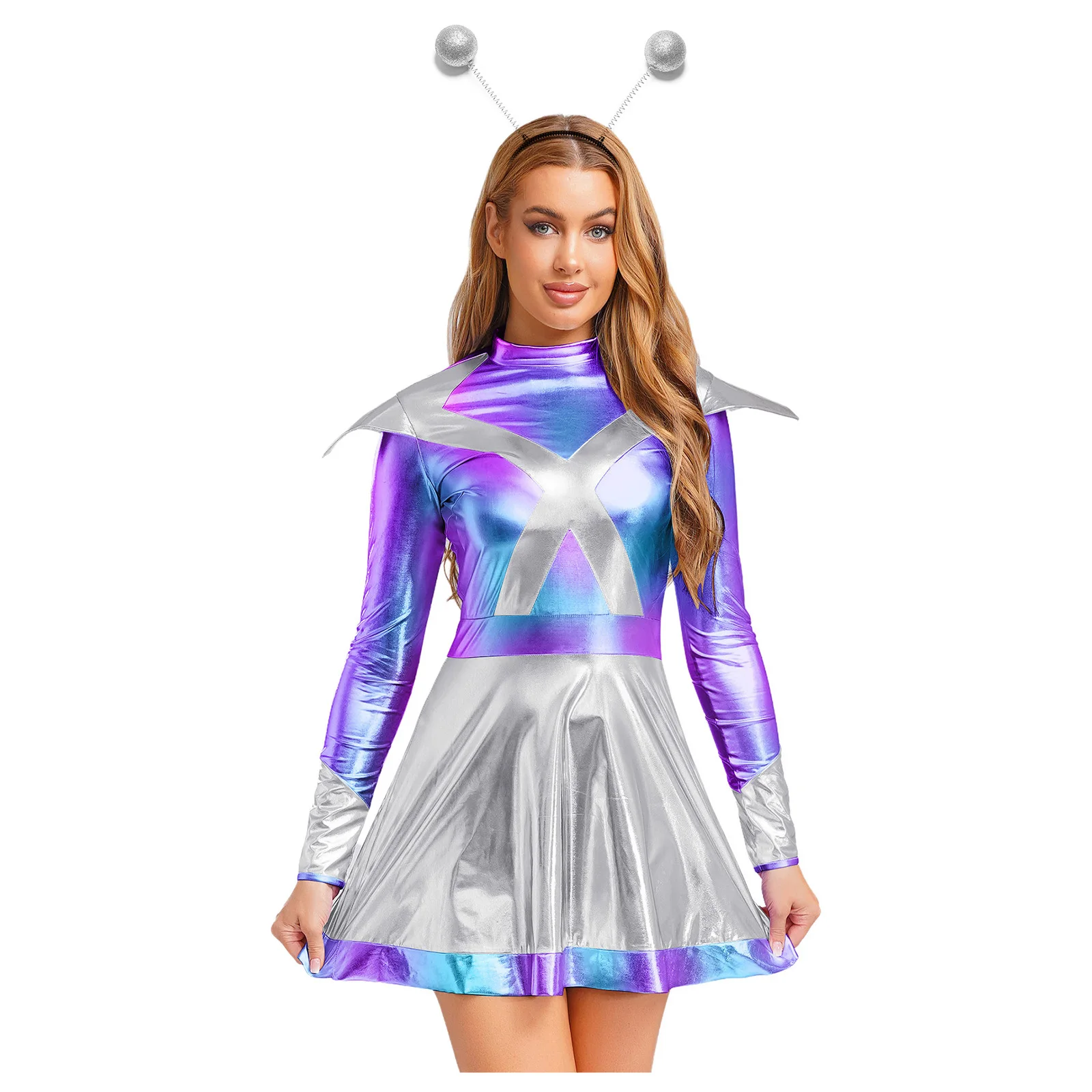 

Women Cosplay Costume Halloween Alien Robot Astronaut And Headwear Set Fashion Metallic Dress Outer Space Party Adult Costume