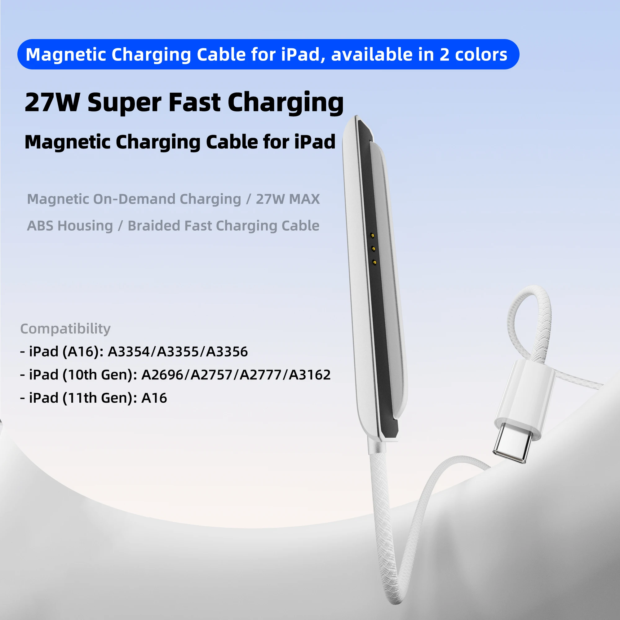 27W Magnetic Charging Cable for iPad Snap & Charge Cord Compatible with iPad A16/10th Gen A2696/A2757/A2777/A3162/11th Gen A16