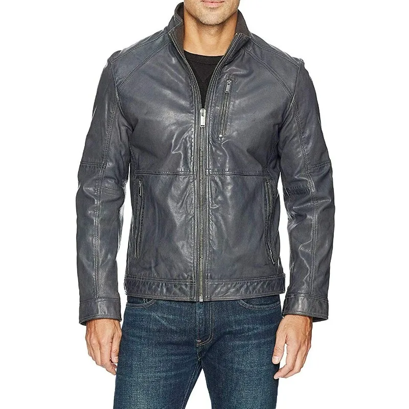 

Men's Authentic Lambskin Leather Jacket Pure Biker Gray Party Wear Classy Zipper