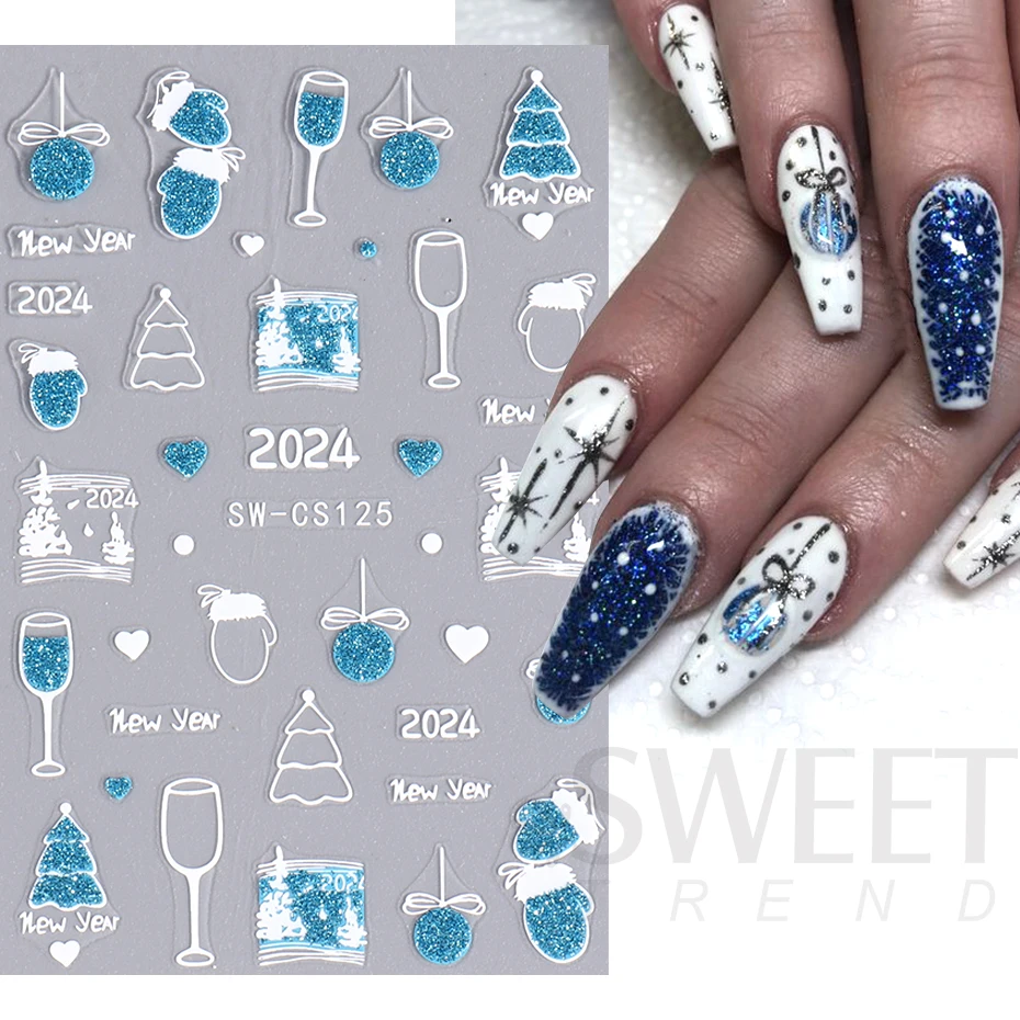 3D Blue Gold Glitter Christmas Nail Art Sticker Snowflake Star Bow Bell Wine Glass Gift Winter Xmas New Year French Manicure Tip