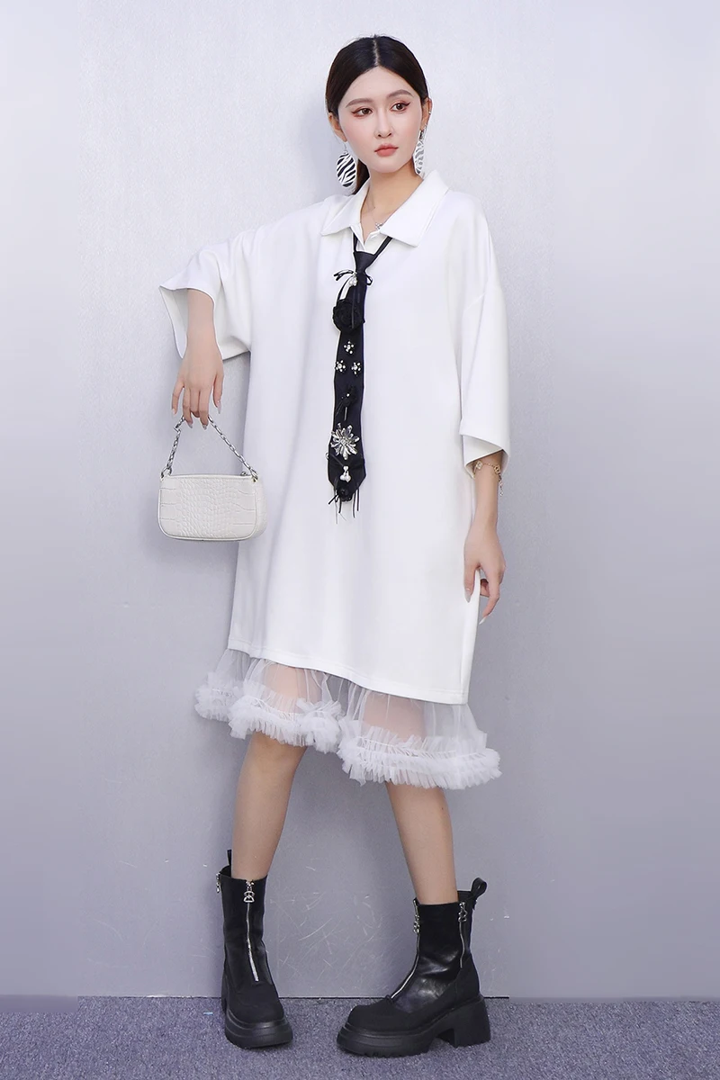 2025年秋新作 エレガントな女性用ルーズメッシュスプライシングTシャツワンピース 女性用長袖ワンピース 卸売 J2039