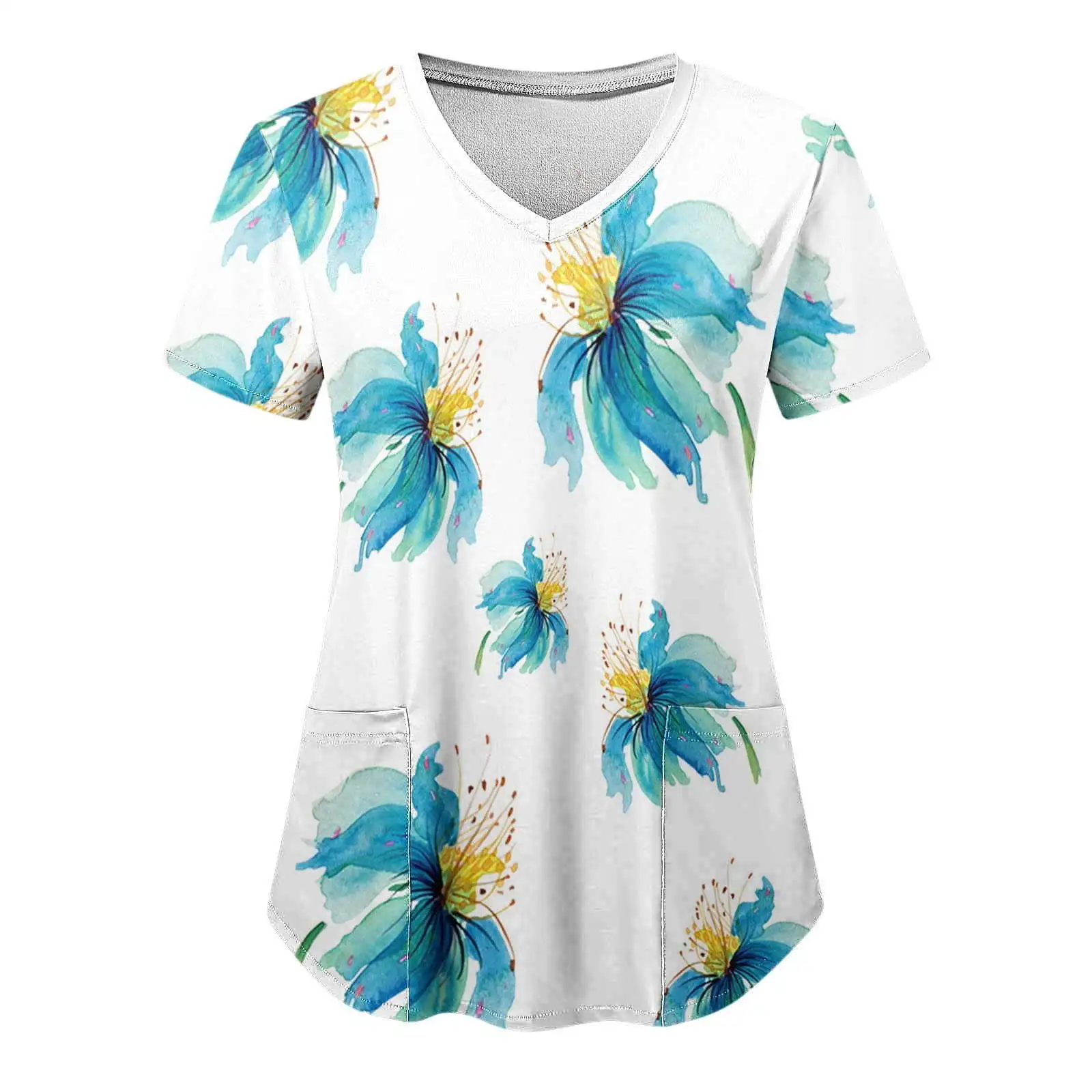 2024 European and American 3D rendering fine floral art series short sleeved V-neck casual slim fit new protective clothing