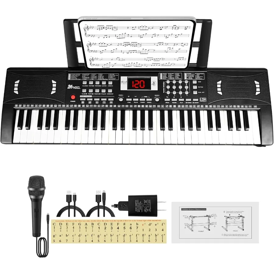 

Клавиатура для электрического пианино, цифровая 61-клавишная клавиатура для фортепиано со встроенным динамиком, микрофоном и подставкой для нот, идеально подходящая для раннего использования