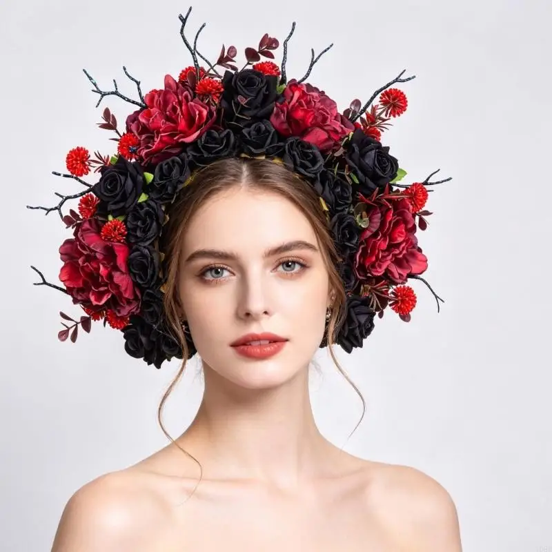 Barock Stil Blumen Stirnband mit Stoff Stoff Rosen für Frauen Gothic Hochzeit Haarschmuck Dunkelschwarz Rot Y08E – Detail 8