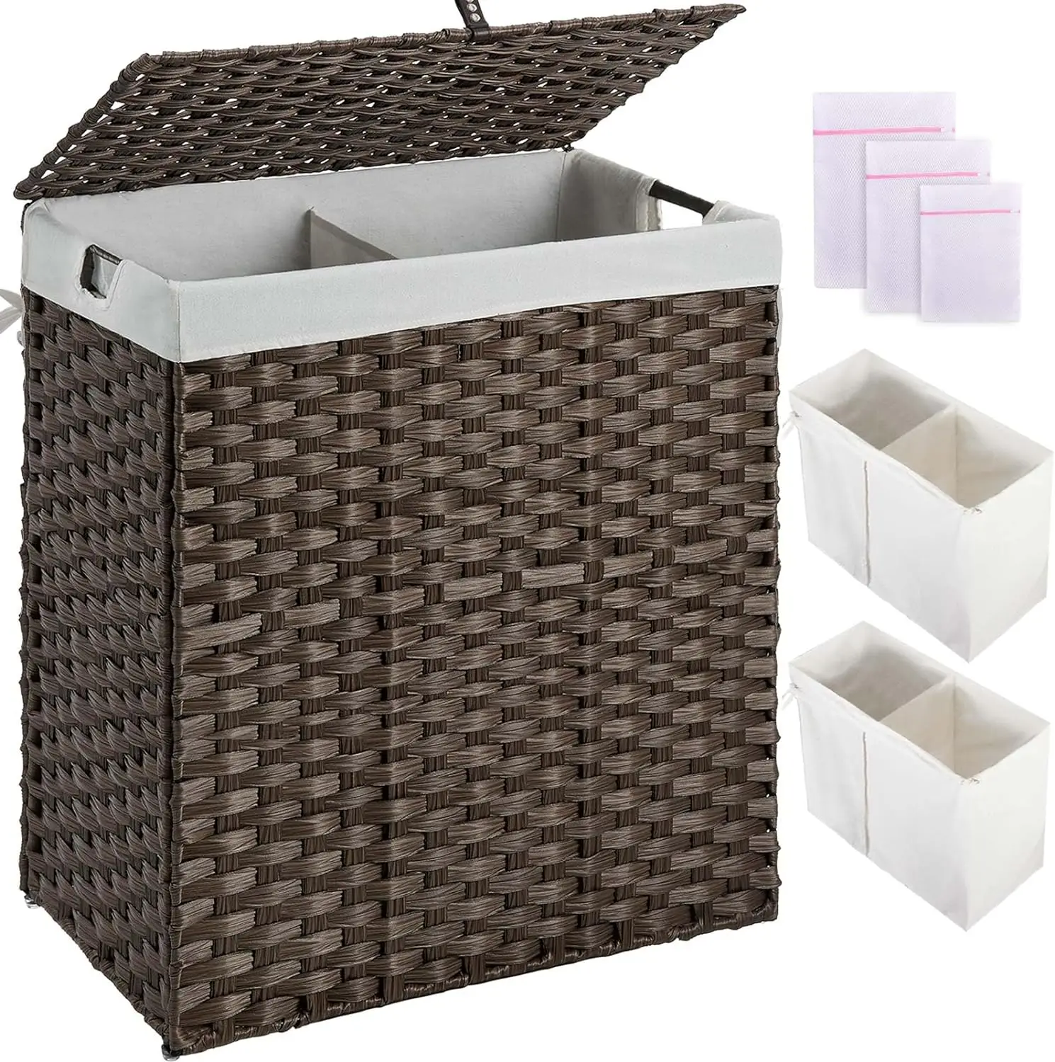 Laundry Hamper with lid, No Install Needed, 110L Wicker Laundry Baskets Foldable 2 Removable Liner Bags