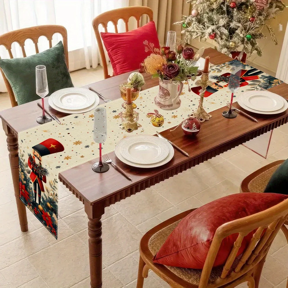 VIKAMA Christmas Table Runner - Chestnut Soldier Floral Berry Pattern Holiday Table Decoration Christmas Party Home Gift