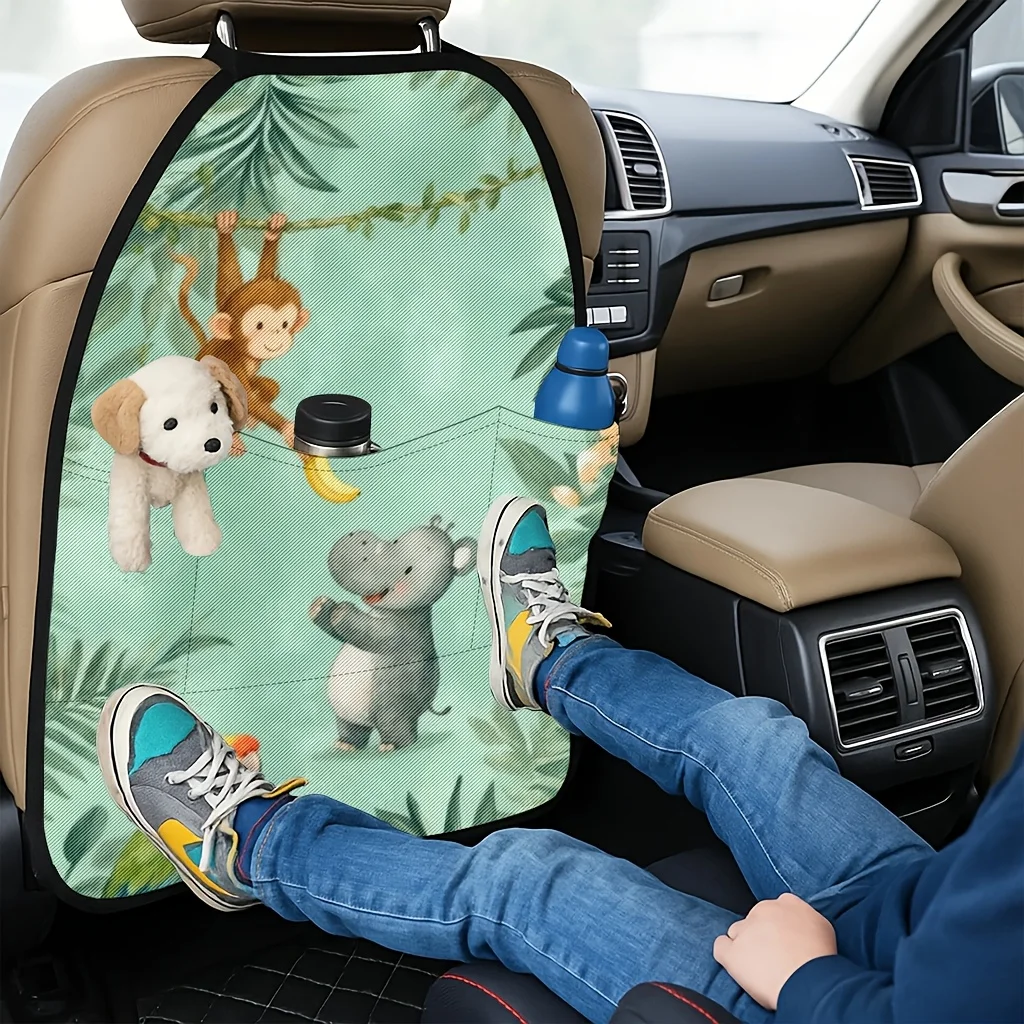 2pcs 2D Printed Car Seat Back Protector Pads, Monkey Swinging Vine Banana Falling Hippo Laughing Parrot Watching Theme Pattern P
