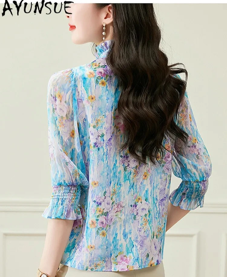 

AYUNSUE 100% шелковая блузка из тутового шелкопряда для женщин, элегантные блузы, весенне-летняя одежда, модные топы с принтом для дам, коллекция 2026, Camisas De Mujer