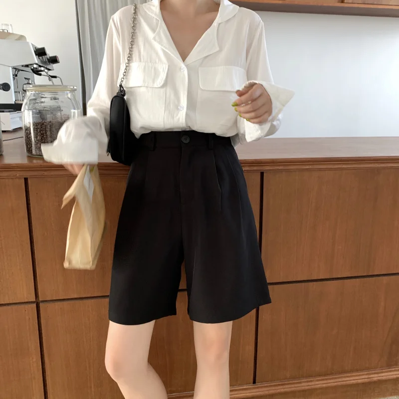 High Waist Wide Leg Short Pants Women's Spring Summer Korean Style Commute A-Line Slimming Student Casual Pants