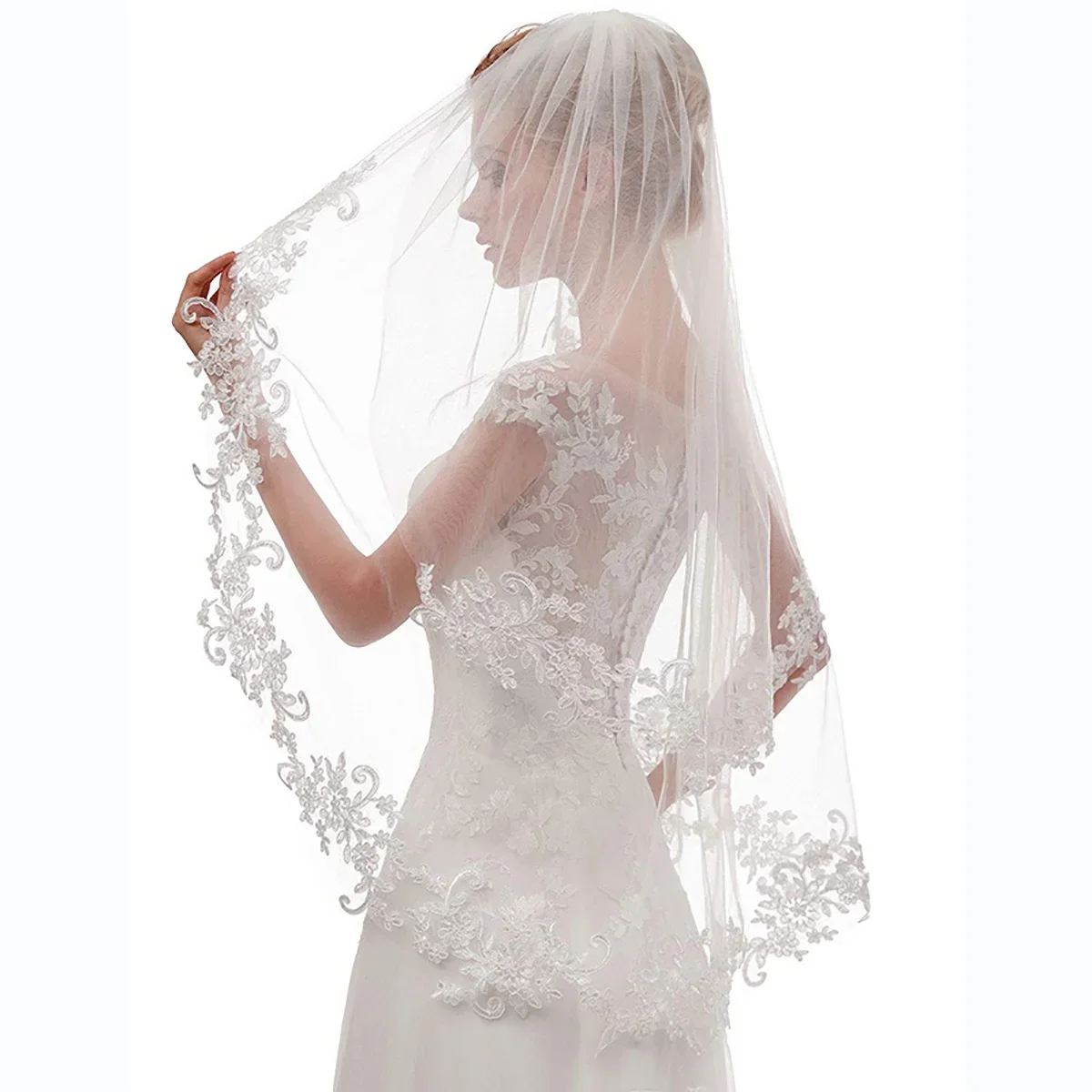 Wedding Bridal Veil 2 Tier Flower Lace Applique Edge Fingertip Length Tulle Veil with Comb for Brides