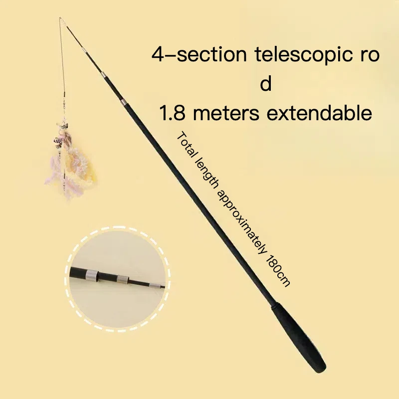 Cat teaser stick with a 1.8-meter-long telescopic pole and four sections that can replace pet toys with interchangeable heads