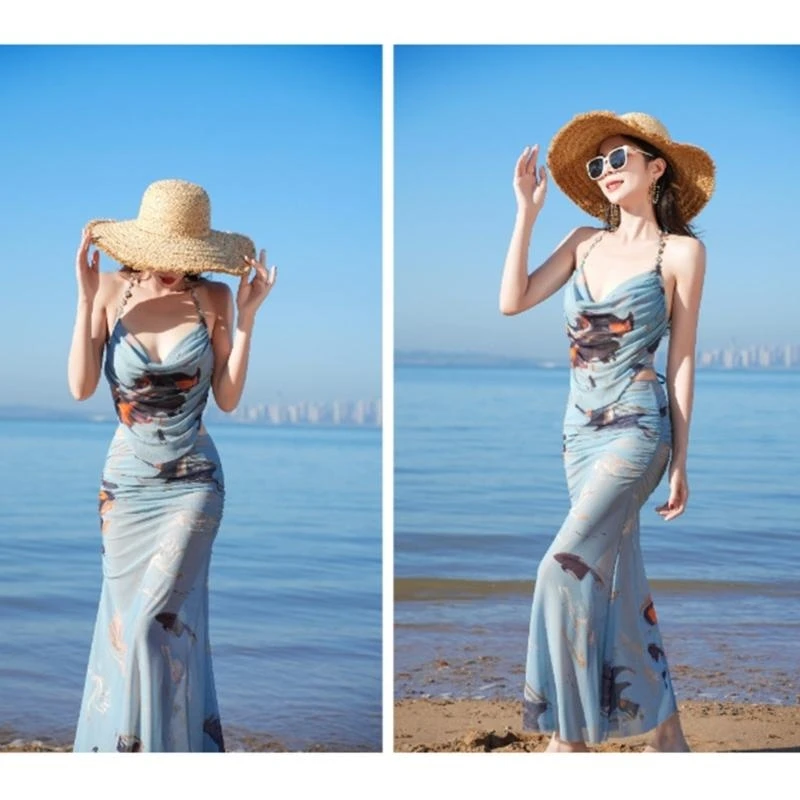 النساء هالتر لباس سباحة الإناث التعادل صبغ طباعة المايوه 3 قطعة ملابس السباحة عارية الذراعين ثوب السباحة لبحر Y08C