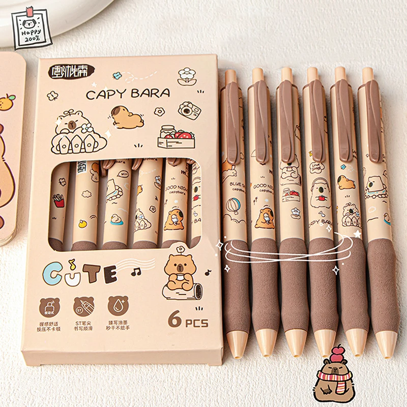 Pluma de Gel de dibujos animados Kawaii Capybara, bolígrafos neutros de secado rápido, escritura suave, suministros de oficina, regalos de papelería bonitos, 6 piezas