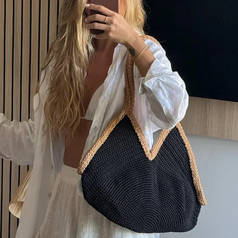 Colorblock Straw Woven Tote Bag,Women Summer Seaside Beach Boho Black Brown Color Contrast Shoulder Bag,Lightweight Handbag - view 4