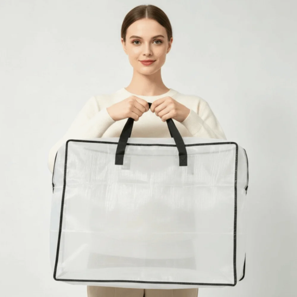 95L Capacity Heavy Duty Storage Bags Waterproof Foldable Design Bedding Organizer Bags Clear with Handles Zipper Laundry Bags
