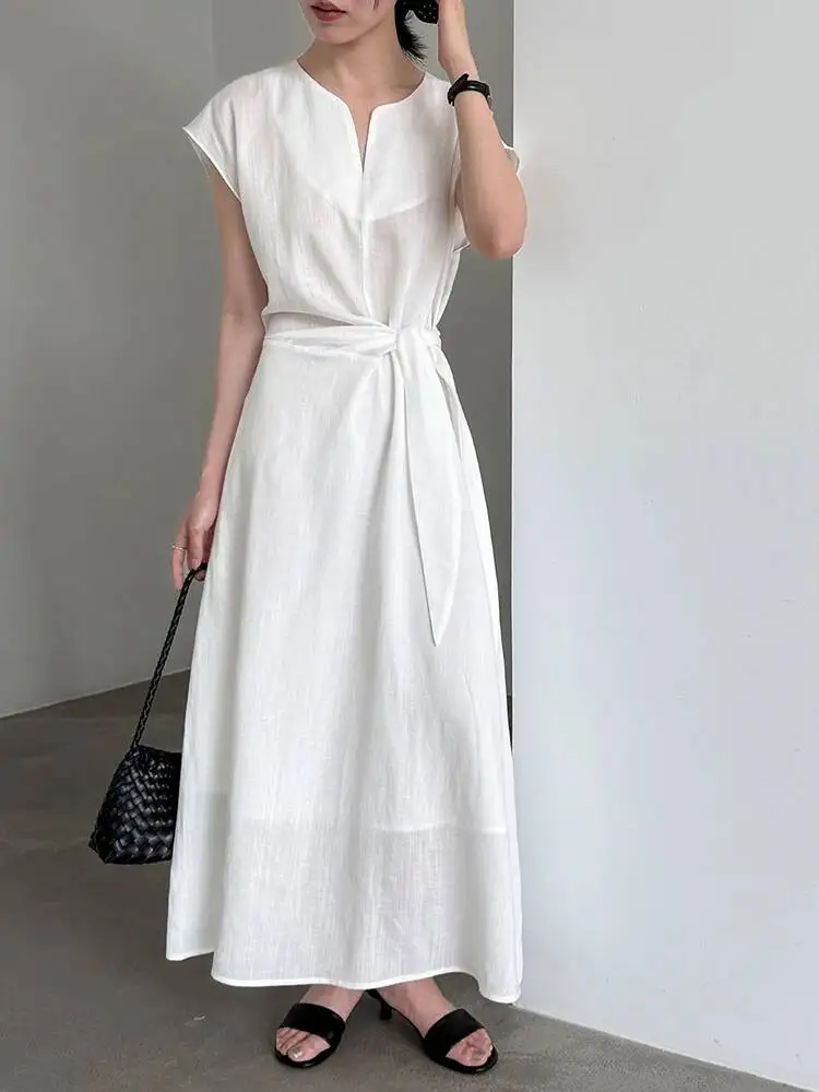 

Women Blue Linen Waist Bandage Elegant Big Size Long Dress New V-Neck Short Sleeve Fashion Tide Spring Summer