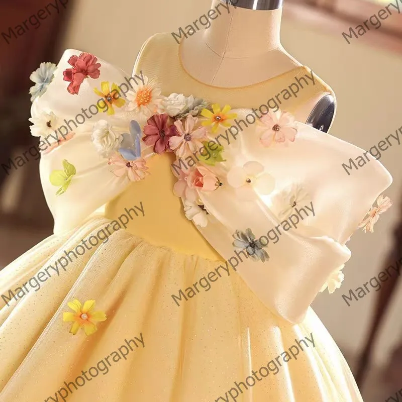 Cute Flowers Mesh Kids Pageant Dresses Pretty 3D Floral Tulle Long Flower Girl Dress Puffy Tiered Mesh Party Gowns For Wedding