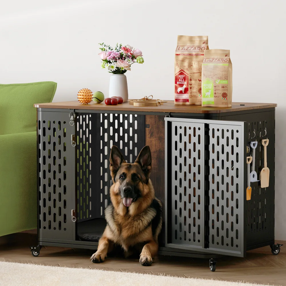 Dog Crate With Cushion Wood Storage Table Locker Pet Houses Kennels On Wheels Flexible Multi-Purpose Cage For Small Large Dogs
