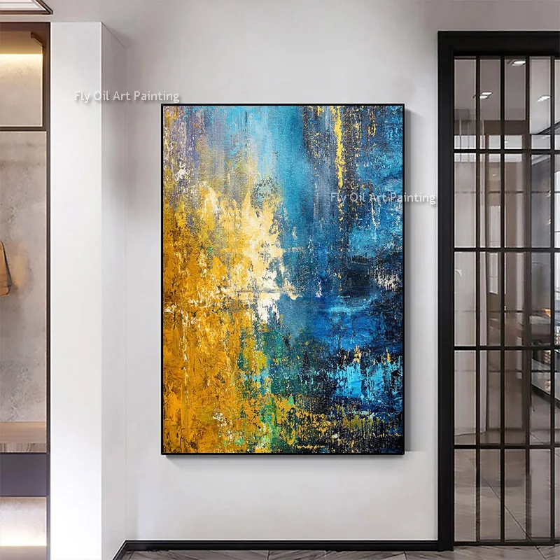 تصميم جديد مرسومة باليد الأزرق الذهبي سميكة قماش النفط اللوحة مجردة الأزرق الداكن الذهب احباط الفني لديكور غرفة المعيشة كهدية