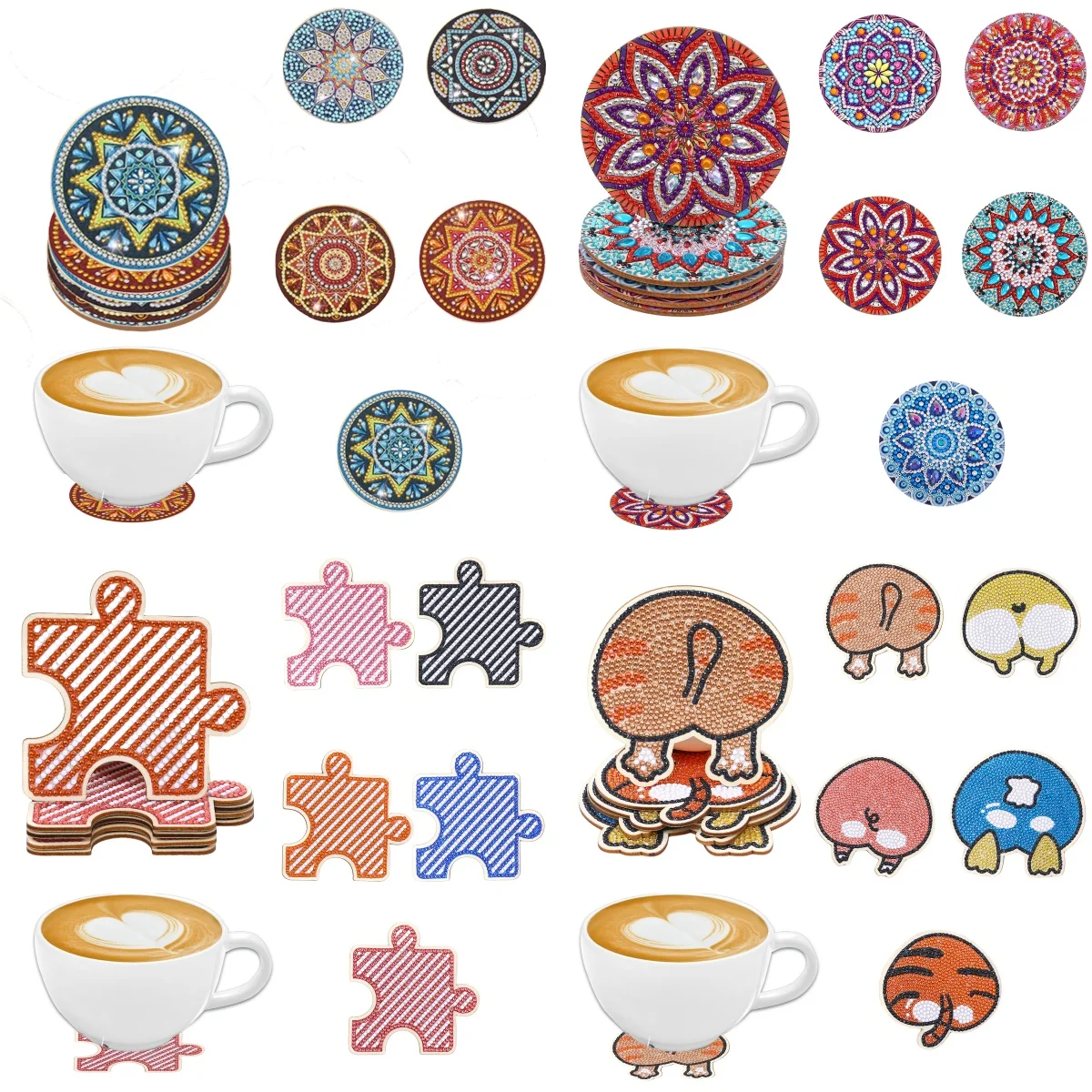 5 مجموعات من الوقايات الفنية الماسية ذات الشكل غير المنتظم من ماندالا التي يمكنك صنعها بنفسك، وسجادات الطاولة الخشبية وأكواب الرسم الماسي