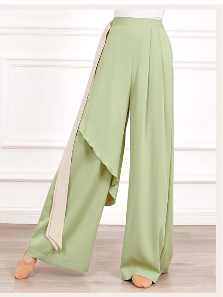 민속 무용 바지 여성 클래식 댄스 바지 여성 루즈 와이드 레그 트라우저 2겹 페어리 모던 댄스웨어 플로위 하이웨이스트 팬츠