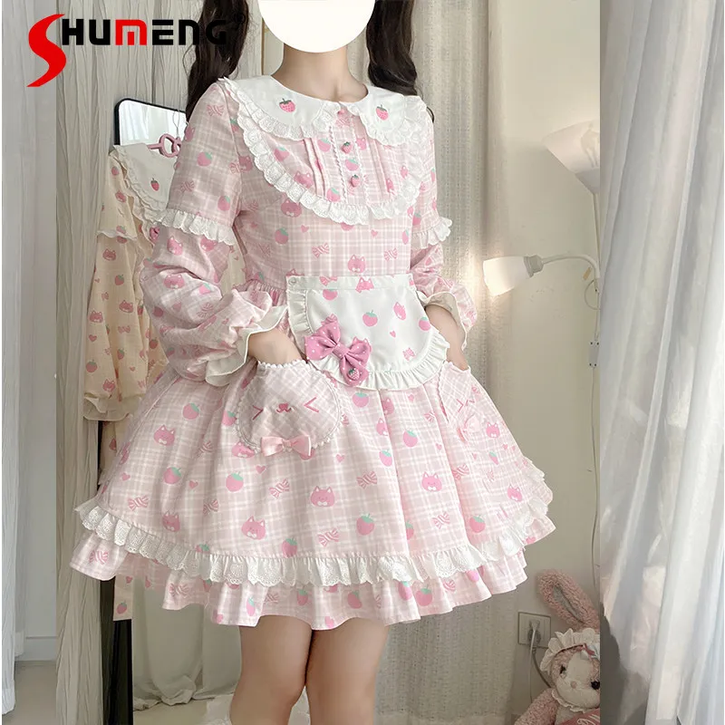 

2026 Spring Original Japanese Sweet Cute Girl Doll Collar Removable Long Sleeve Cartoon Printed Plaid Lolita Short Dress Women