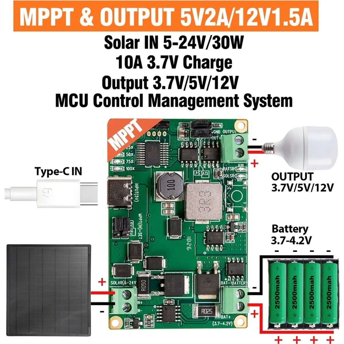 Solar Charger Module MPPT 3.7V Lithium Battery Type-C 5-24V 10-30W Solar Panel Output 5V/12V for DIY LoRa