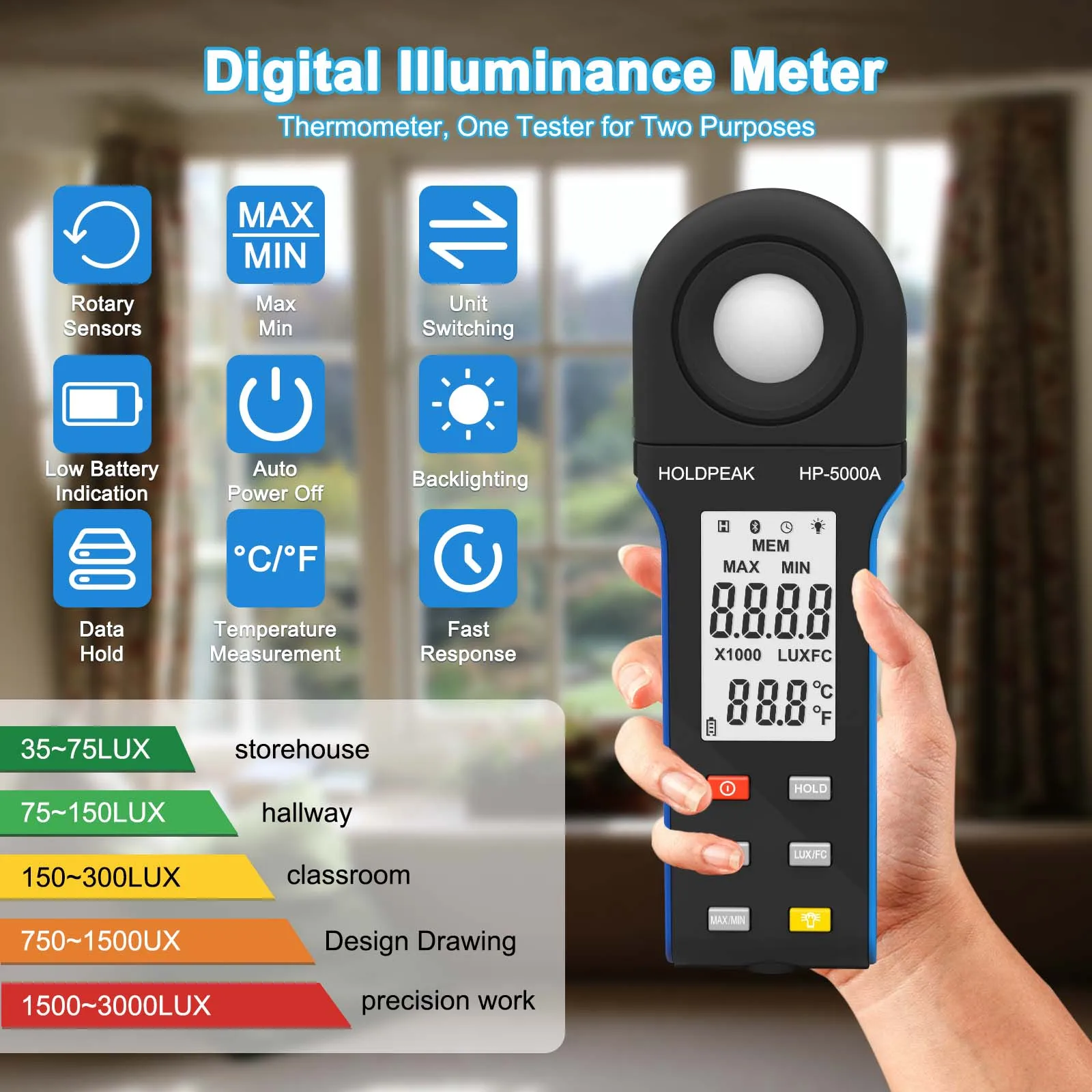 

HP-5000A Digital Lux Meter Illuminance Meter 1-400,000 Lux Thermometer 2-in-1 Backlight Data Hold