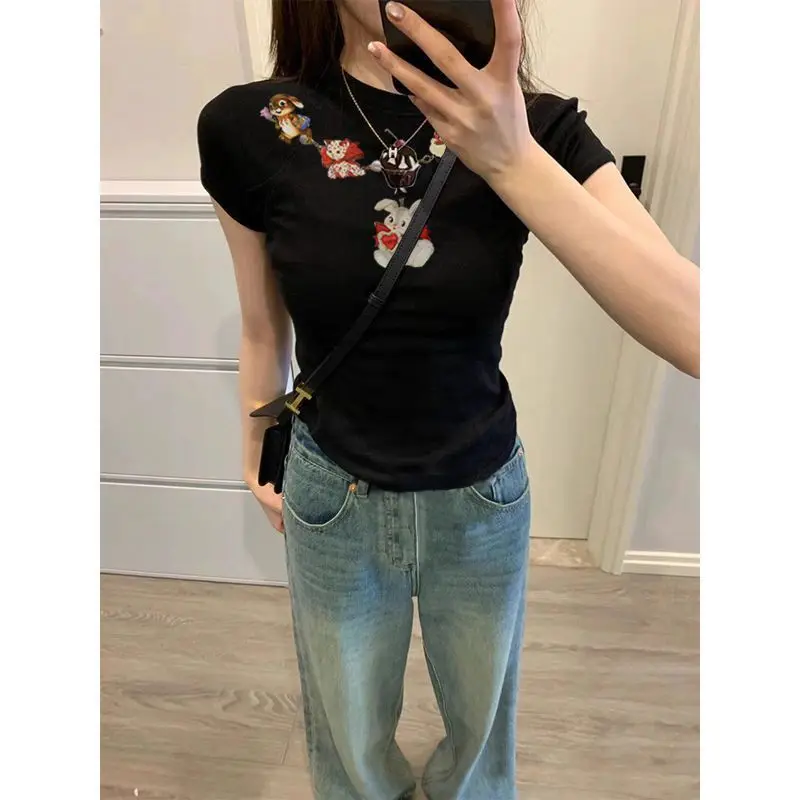 

American Retro Short-sleeved T-shirt for Women's Summer Cartoon Rabbit Print Slim Fit O-neck Cropped Top Fashion Female Clothes