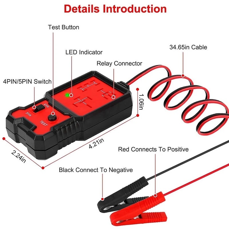 DC 11-15V Car Automotive Relay Tester for 4 Pin 5 Pin Relay Auto Repairing Tool Suitable for Coil Resistance Over 20 ohms Relay