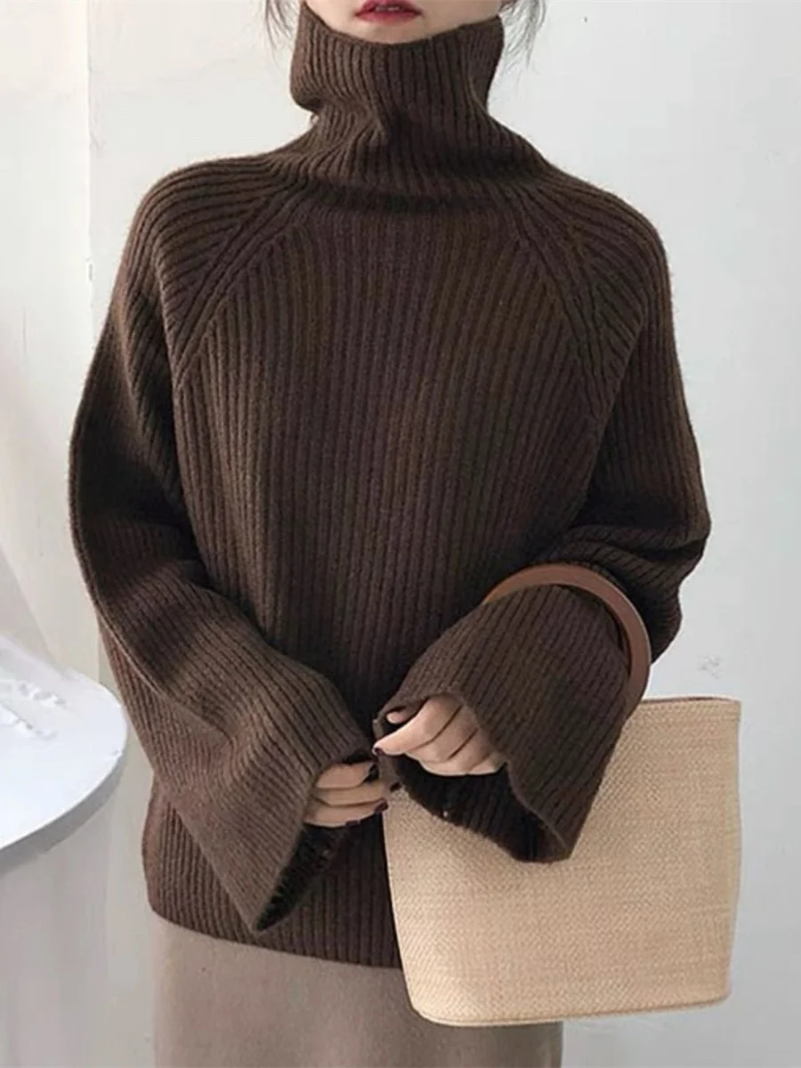

Warm Camere Imitation f High Collar Sweater Irregular Slit Texture Knitwear Comfortable Long Sve round Ne Regular T...
