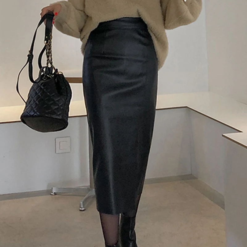 

New arrival fashion pu leather split skirt women high waist a-line skirt