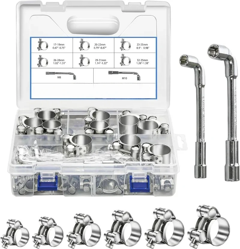 32pcs T-bolt Hose Clamps Stainless Steel Pipe TubeThroat Hoop 6 Sizes Heavy Duty Hose Clamps L-wrench Assortment Kit