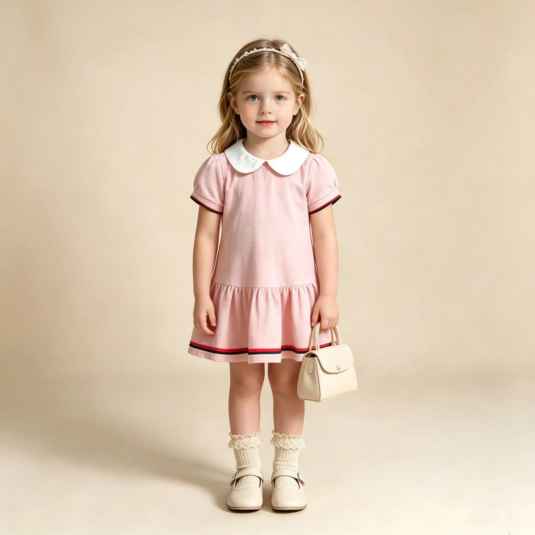 Baby Toddler Girls Peter Pan Collar Dress, Puff Short Sleeve Striped Trim Ruffle Hem A-Line Casual Summer Outfit Dress