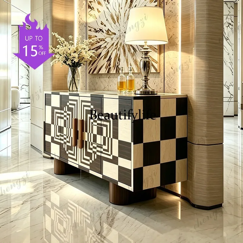 03 minimalist solid wood dining side cabinet, living room household storage cabinet, antique geometric splicing entrance cabinet