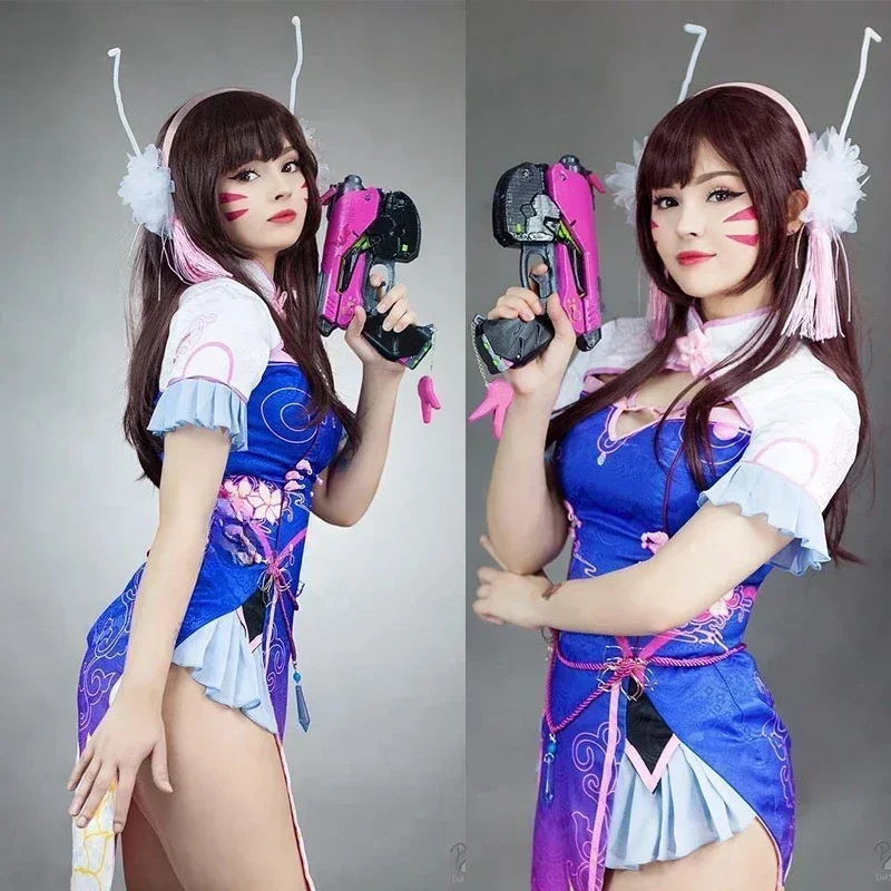 CosplayJeu ROLECOS OW D.VA 코스프레 페루크 sur jeu montre 코스프레 Hana chanson DVA perruque longue brune femmes cheveux synthét